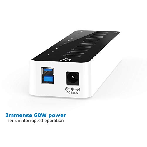 [10 Ports, 12V 5A 60W Power, Industrial Grade] QZ Active Powered USB Hub, 10 Port USB Hub with 12V 5A 60W Power Adapter, USB 3.1 Gen 1