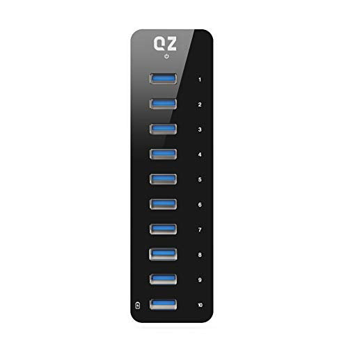 [10 Ports, 12V 5A 60W Power, Industrial Grade] QZ Active Powered USB Hub, 10 Port USB Hub with 12V 5A 60W Power Adapter, USB 3.1 Gen 1