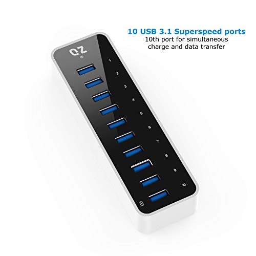 [10 Ports, 12V 5A 60W Power, Industrial Grade] QZ Active Powered USB Hub, 10 Port USB Hub with 12V 5A 60W Power Adapter, USB 3.1 Gen 1