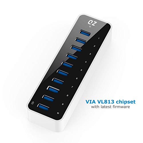 [10 Ports, 12V 5A 60W Power, Industrial Grade] QZ Active Powered USB Hub, 10 Port USB Hub with 12V 5A 60W Power Adapter, USB 3.1 Gen 1