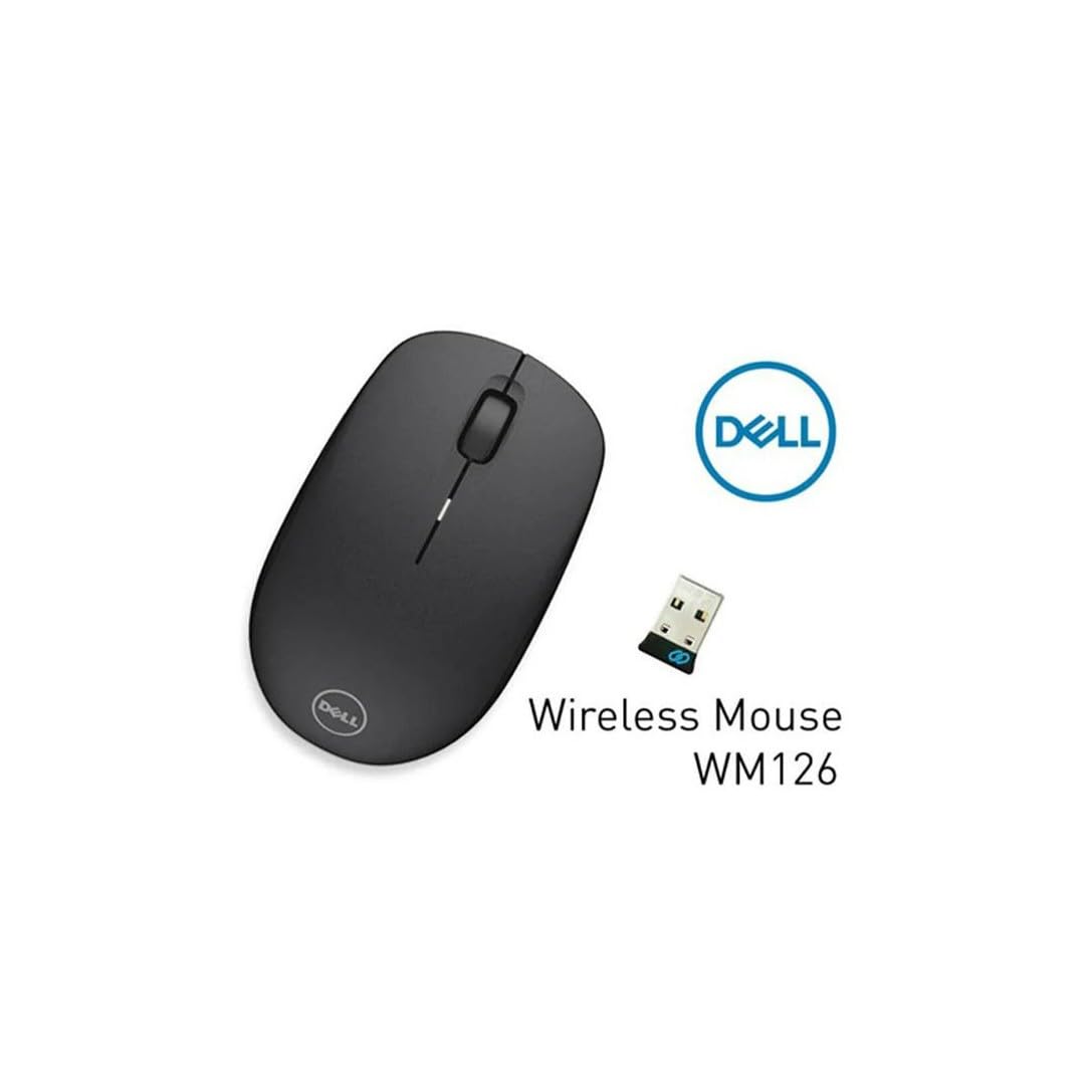 Dell WM126 Wireless Mouse, Optical, 1000 DPI, 3 Buttons,12 months runtime, AA battery, USB receiver, USB Type-A, RF Interface, scrolling wheel, Plug and Play, Black, 0.12 lb