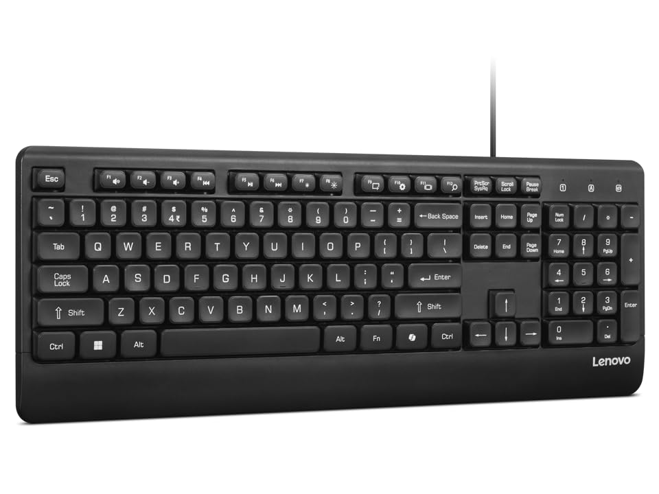Lenovo 110 USB-A Wired Multimedia Keyboard-Full-Size Layout,Plug & Play| Waterproof Exoskeleton with 3 Indicator Lights |One-Touch Co-Pilot Key|Adjustable Keyboard Stand| 3 Yr Warranty
