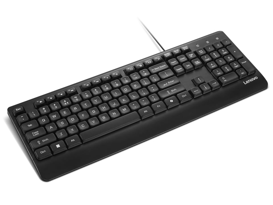 Lenovo 110 USB-A Wired Multimedia Keyboard-Full-Size Layout,Plug & Play| Waterproof Exoskeleton with 3 Indicator Lights |One-Touch Co-Pilot Key|Adjustable Keyboard Stand| 3 Yr Warranty