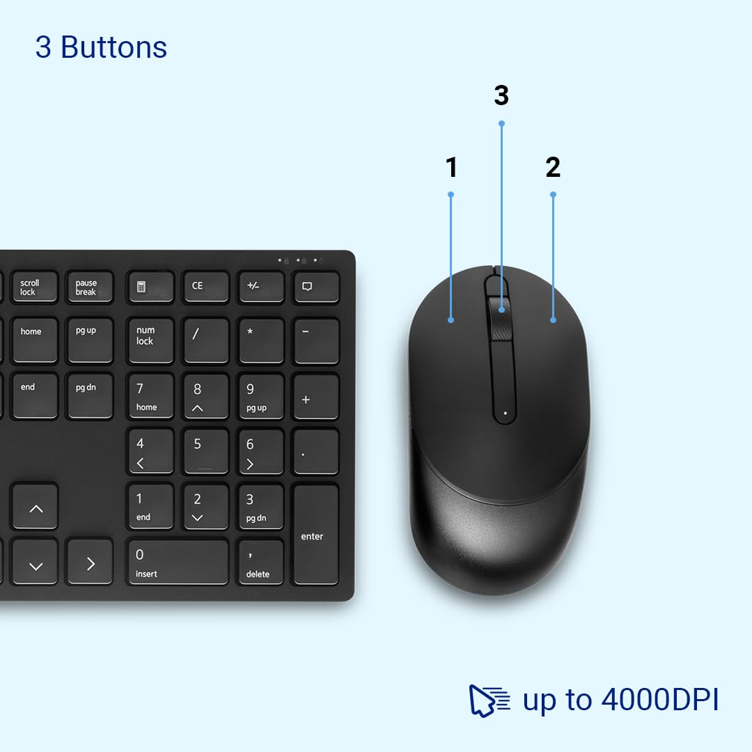 Dell KM5221W Pro Wireless Keyboard and Mouse, Plunger, QWERTY International English, Volume, Mute Hot Keys, 3 Buttons, 1600 dpi, 2.4 GHz, 3 Years - Advanced Exchange Warranty