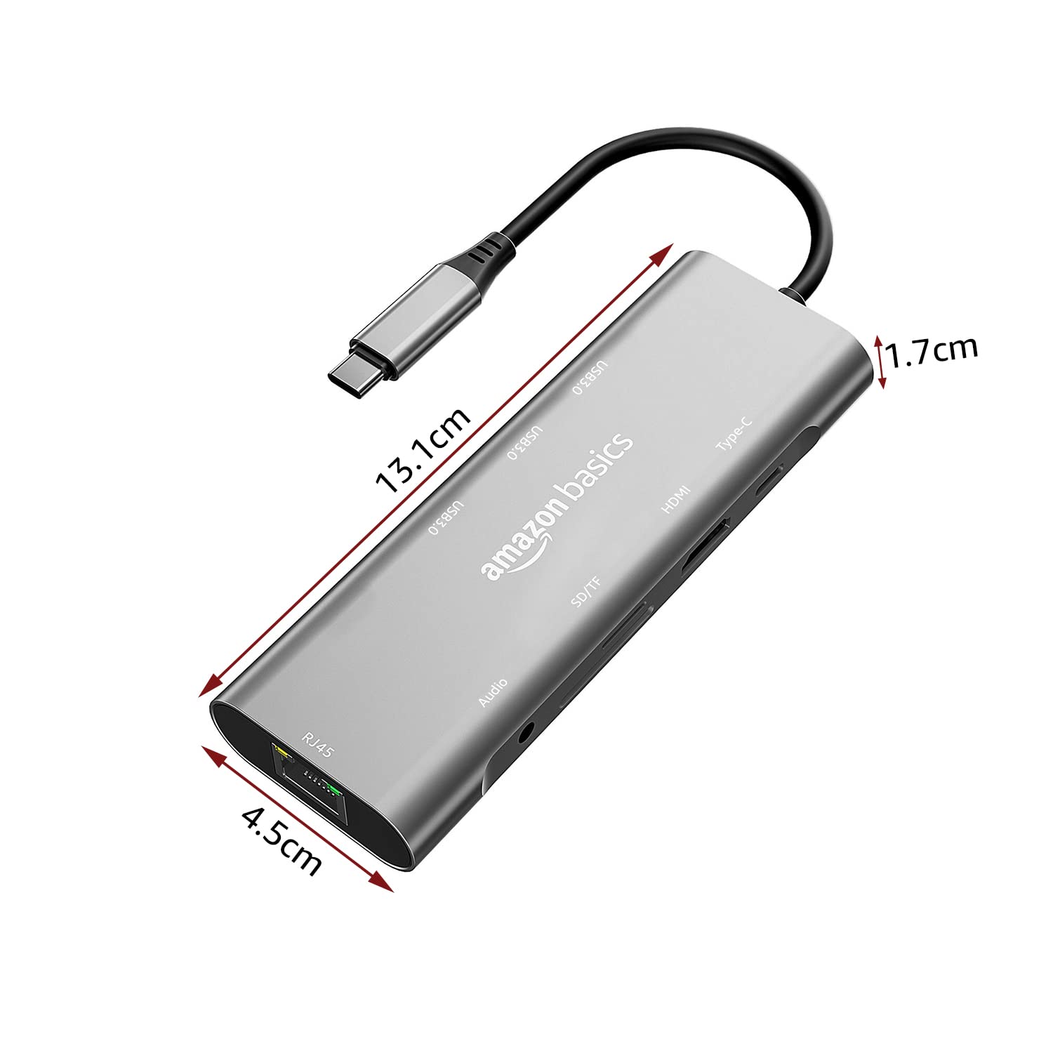 Amazon Basics USB-C Hub Dock 9-in-1 Aluminium Type-C Adapter with 4K HDMI, Ethernet 1000mbps Port, 3 USB 3.0, USB-C Power Delivery, 3.5mm Audio only, TF/SD Card Reader, Mac & Windows USB-C Devices