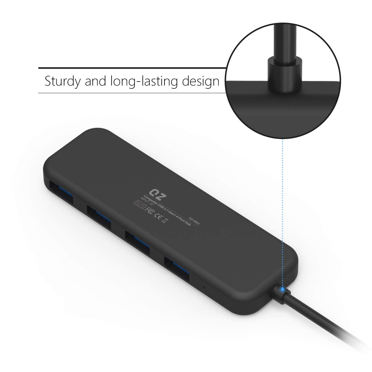 [1.3 Feet Long Cable, USB 3.1 Gen 1] QZ USB Hub for Next Gen Office Work Station, 4 Ports, USB 3.1 Gen 1 for PC and Laptops