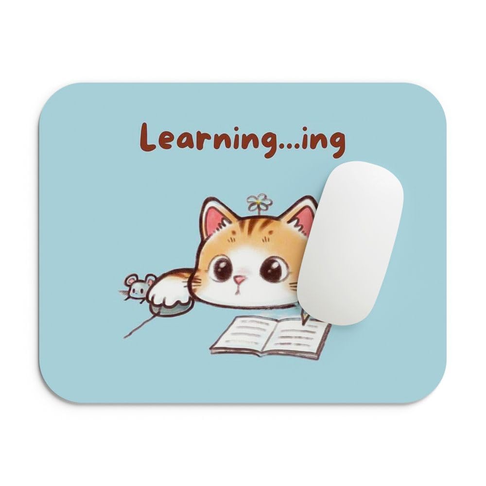 SHERISH Cute Cat Mouse Pad for Laptop & PC – 19x23 cm Black Desk Mat | Smooth Cloth Surface, Non-Slip Rubber Base, Waterproof & Durable Gaming Mousepad for Office & Home (LearningCat)