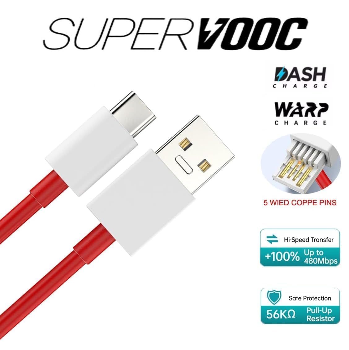 One Plus Type C Charging Cable 80W Super Fast Charging USB A to C Cable Original Red Cable for One Plus 11R,12R,Nord CE4,11,12 Warp VOOC Data Cable Android Charger Wire C Type Fast Charge Cable (Red)