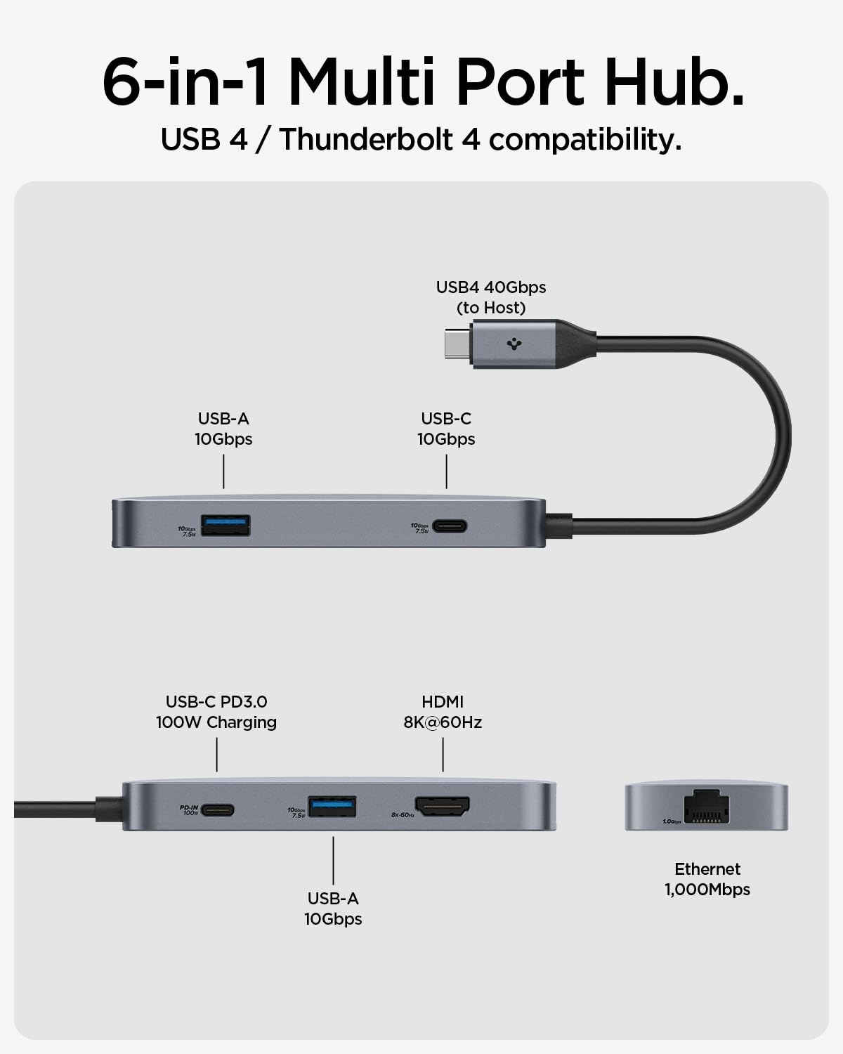 Spigen ArcDock 6-in-1 Type-C Hub 3.2 Gen 2 (1 x USB-C 100W, 1 x USB-C, 2 x USB-A 10Gbps, HDMI 8K 60Hz, Ethernet) for MacBook Neo/Air/Pro & Laptops - Dark Silver