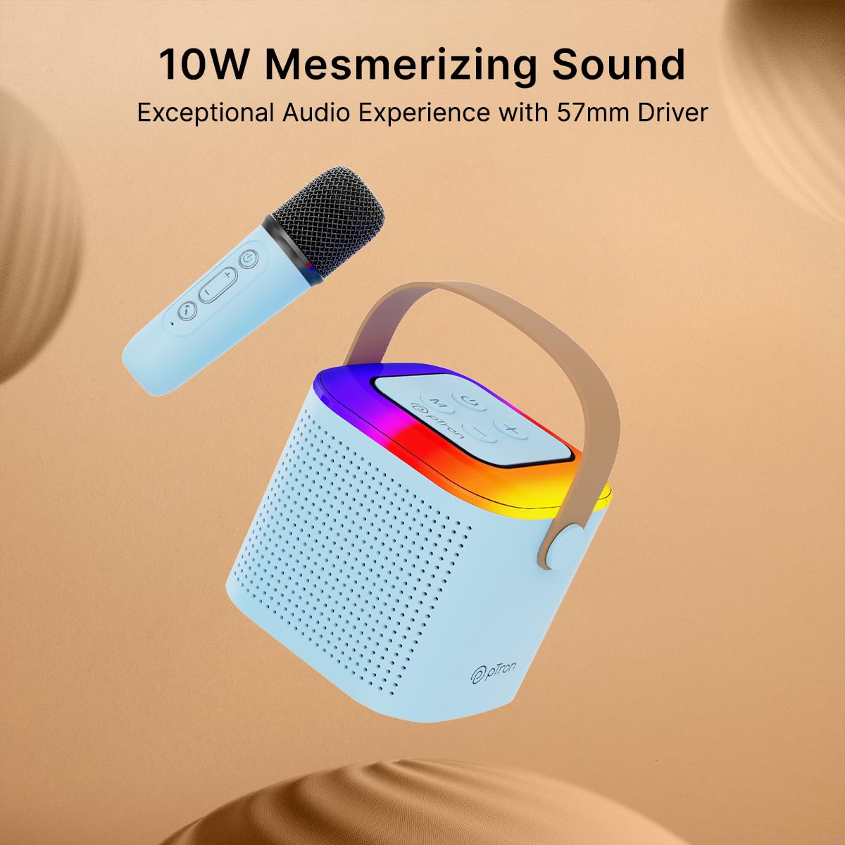 pTron Newly Launched Fusion Tunes 10W Mini Bluetooth Speaker with Wireless Karaoke Mic, 8Hrs Playtime, Vivid RGB Lights, Voice Effects, Multi-Play Modes BT5.1/TF Card & Type-C Charging Port (Blue)