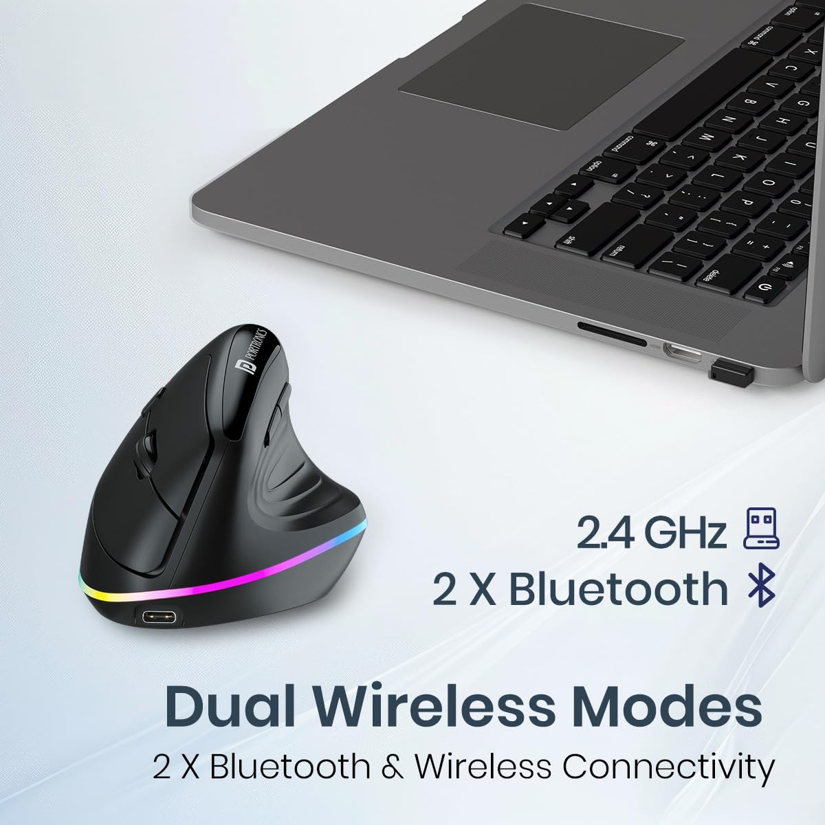 Portronics Toad Ergo 3 Ergonomic Wireless Mouse with RGB, 2400 DPI, Dual Mode BT & 2.4GHz Connectivity, Rechargeable Battery, 6 Buttons, Adjustable DPI, Silent Clicks (Black)