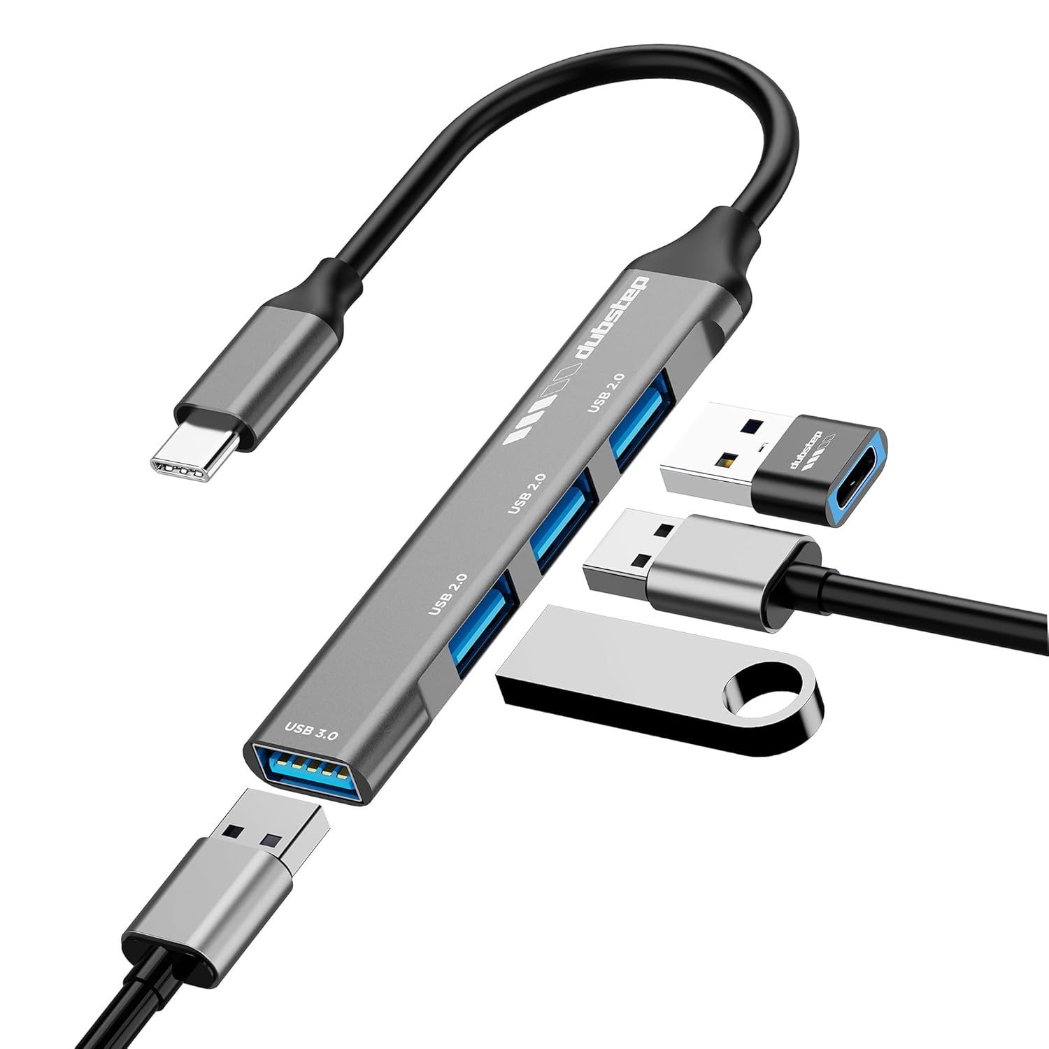 Dubstep SnaplinkGo 4-in-1 Type C to USB Hub, Grey, Aluminium Alloy, 5 Gbps Data Transfer, 4 Ports, Bend Free Cable (Grey)