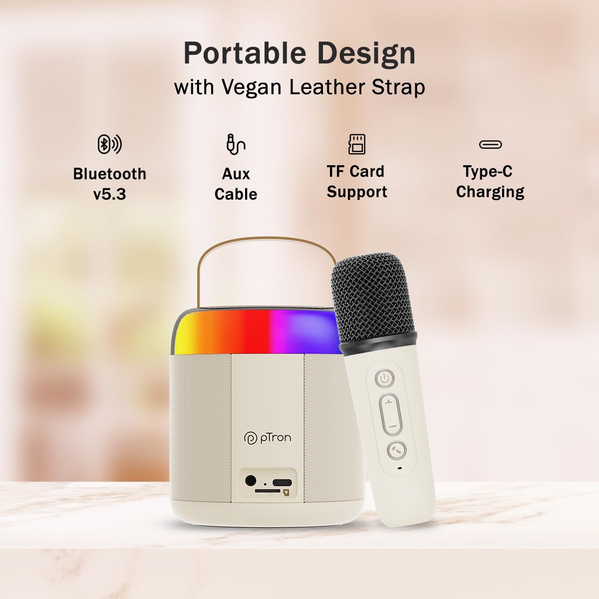 pTron Newly Launched Fusion Bliss 16W Bluetooth Speaker with Wireless Karaoke Mic, 6H Playtime, Vibrant RGB Lights, Voice Effects,Multi-Play Modes BT5.3/TF Card & Type-C Charging Port (Light Cream)