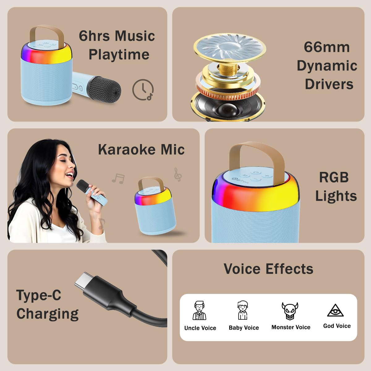 pTron Newly Launched Fusion Bliss 16W Bluetooth Speaker with Wireless Karaoke Mic, 6Hrs Playtime, Vibrant RGB Lights, Voice Effects, Multi-Play Modes BT5.3/TF Card & Type-C Charging Port (Blue)