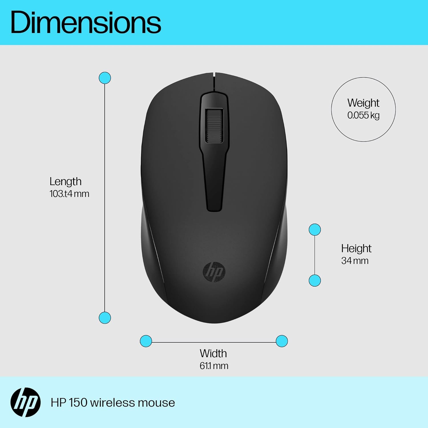 HP 150 Wireless USB Mouse with Ergonomic and ambidextrous Design, 1600 DPI Optical Tracking, 2.4 GHz Wireless connectivity, Dual-Function Scroll Wheel and 12 Month Long Battery Life
