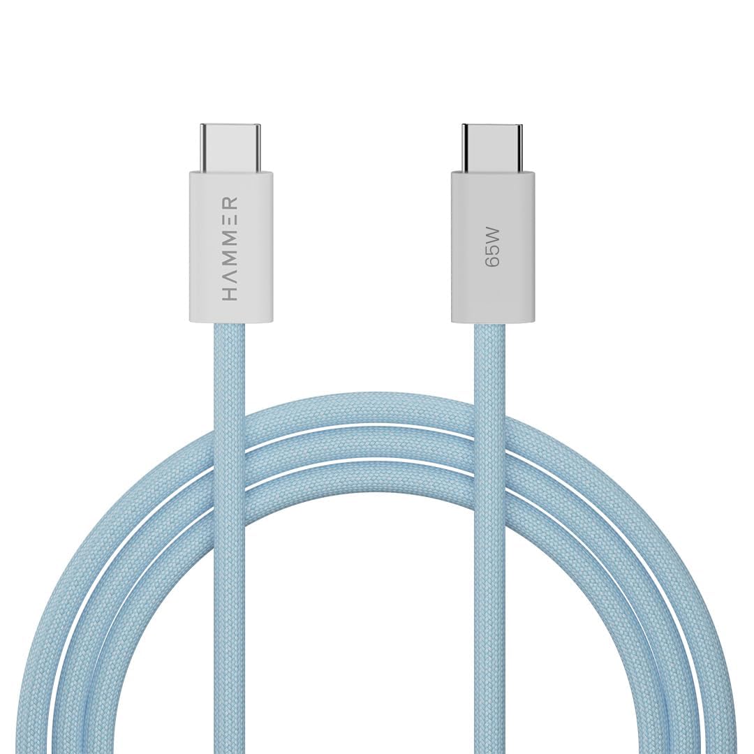 HAMMER Type C to Type C Cable 65W Braided, PD Fast Charging, Data Sync, 1.5 Meter Tangle Free Wire, Compatible with all C-Type Enabled Devices (Blue)
