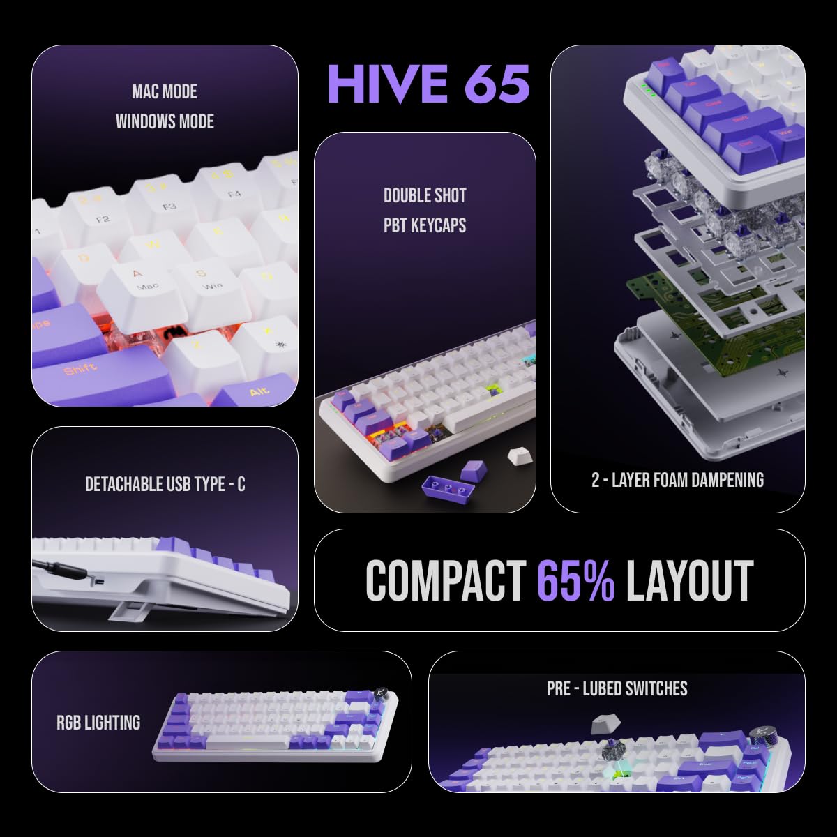 Kreo Hive 65 RGB Anti-ghosting Gaming Keyboard | Wired Mechanical Keyboard with RGB Backlight | 5 Pin Hot-Swap | Detachable USB C Cable (White)