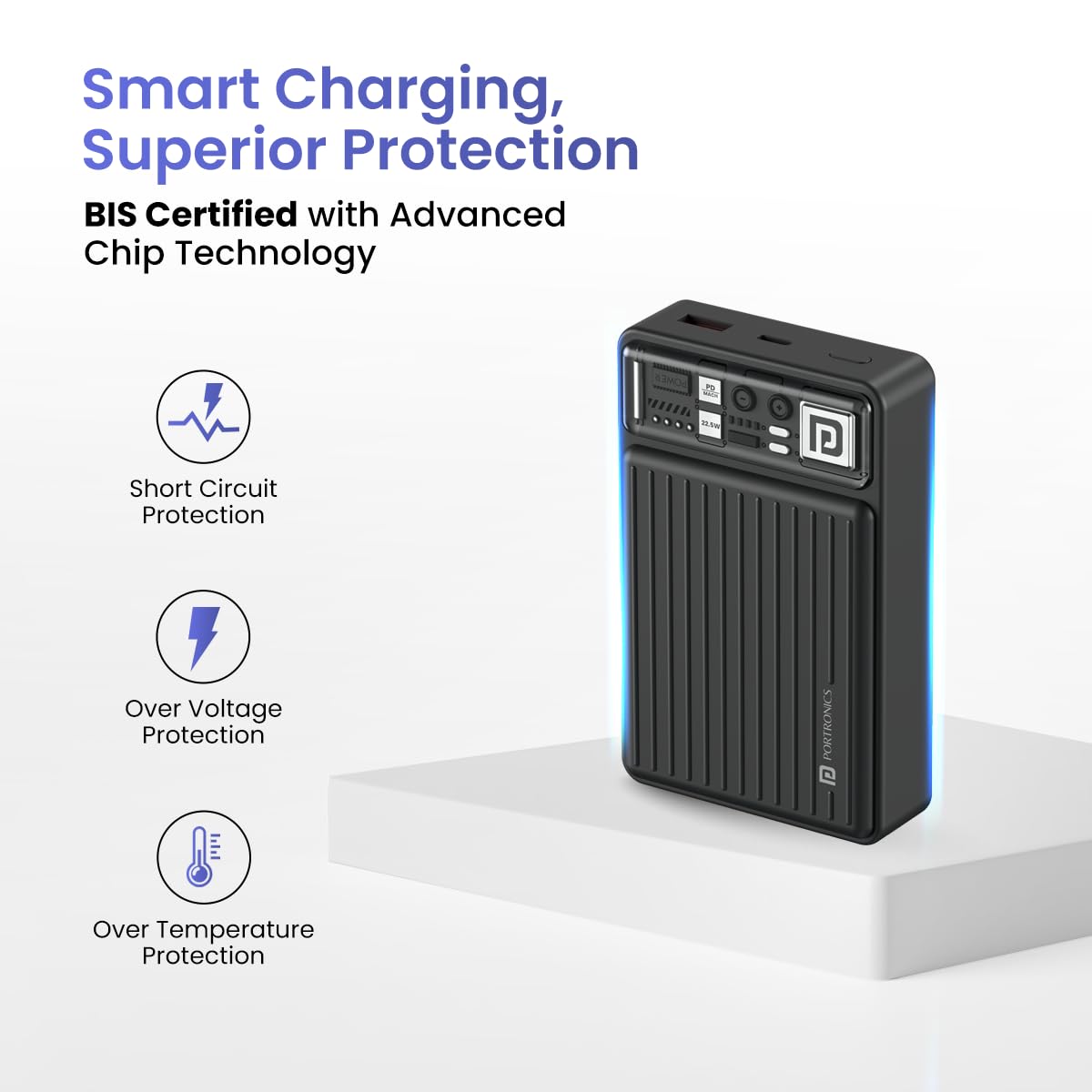 Portronics Luxcell Mini 20K Advanced 20000 mAh Nano Power Bank with 22.5W Max Output, LED Indicator, Mach USB-A Output, Type C PD Output, Type C Input, Wake Up Button(Black)