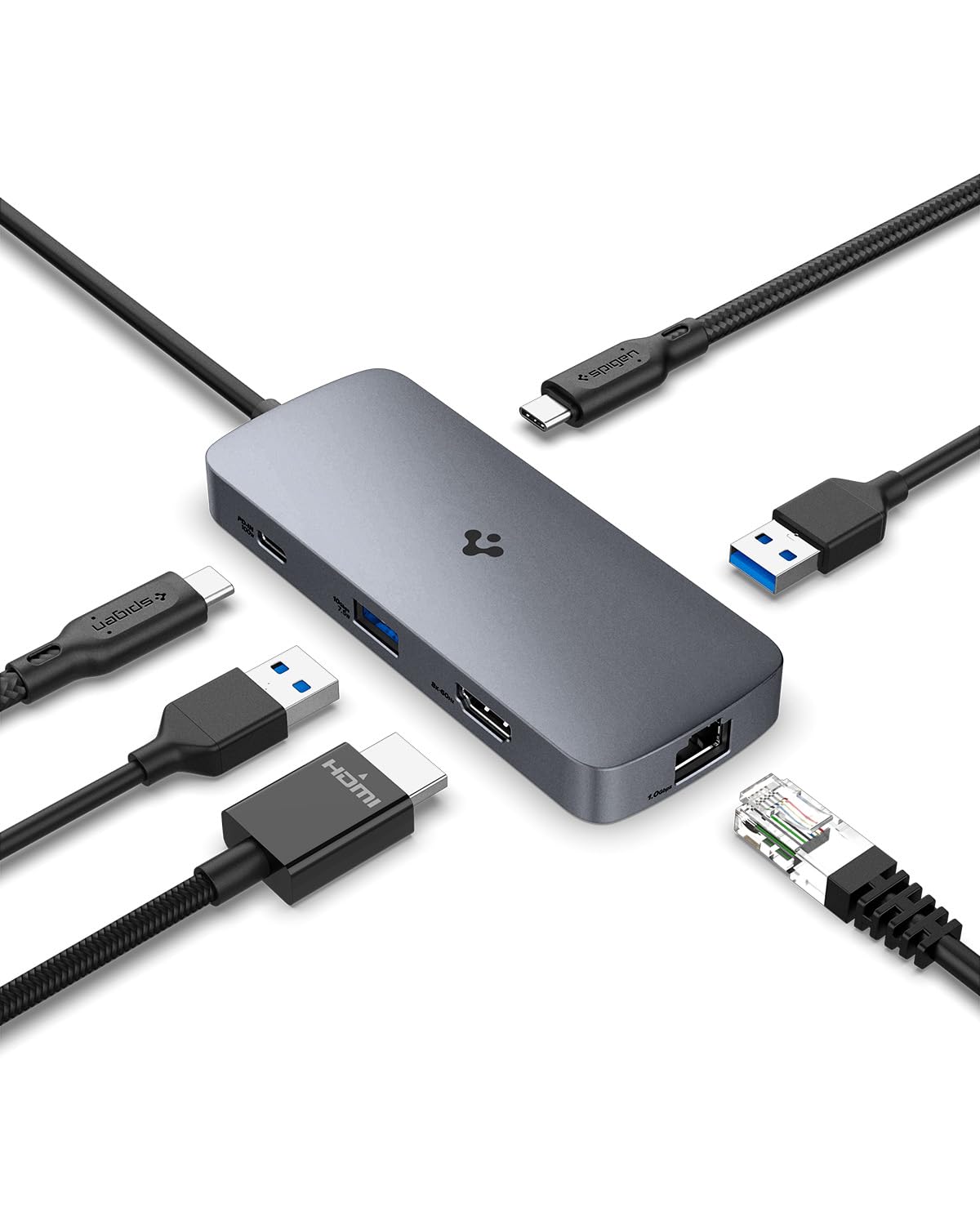 Spigen ArcDock 6-in-1 Type-C Hub 3.2 Gen 2 (1 x USB-C 100W, 1 x USB-C, 2 x USB-A 10Gbps, HDMI 8K 60Hz, Ethernet) for MacBook Neo/Air/Pro & Laptops - Dark Silver