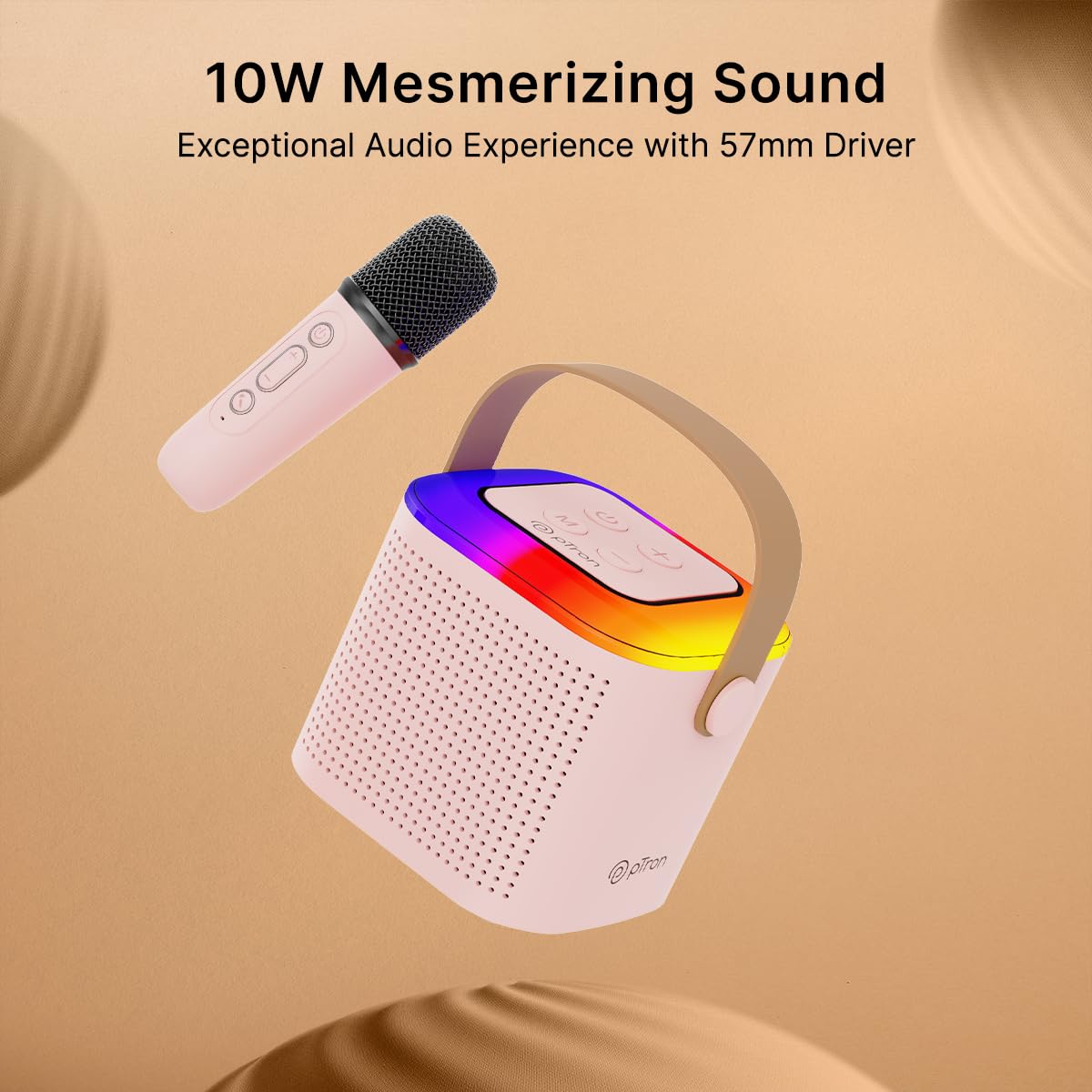 pTron Newly Launched Fusion Tunes 10W Mini Bluetooth Speaker, Wireless Karaoke Mic, 8Hrs Playtime, Vivid RGB Lights, Voice Effects, Multi-Play Modes BT5.1/TF Card & Type-C Charging (Light Pink)
