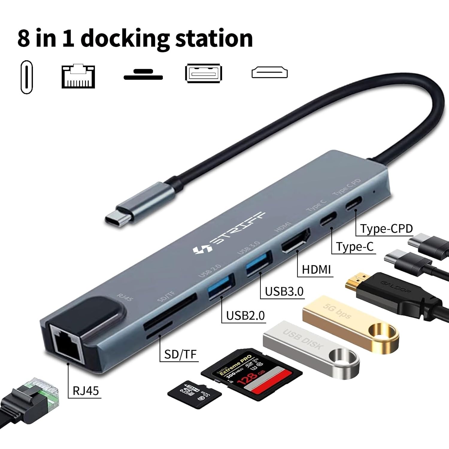 STRIFF 8-in-1 USB C Docking Station, 4K HDMI Adapter, 100Mbps Ethernet, USB 3.0 & USB 2.0 Ports, SD/microSD Card Reader, USB-C Data Transfer, PD Fast Charging Hub for MacBook, Laptop & PC