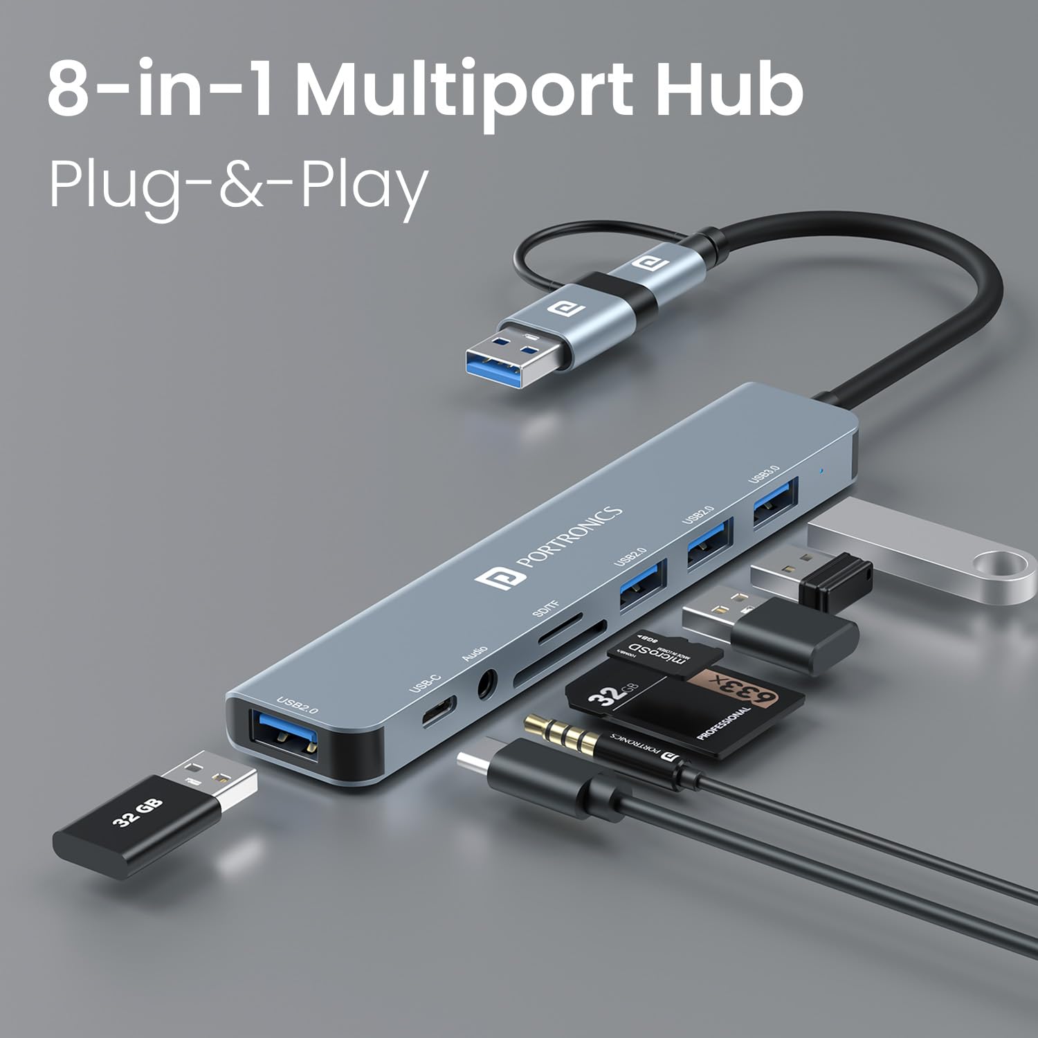 Portronics Mport 8 Plus Dual Plug 8-in-1 Docking Station/Hub with AUX, USB 3.0, microSD/SD Card Reader, Type-C Data, USB 2.0, Type-C and USB Plug for Laptop, Mac, PC (Grey)