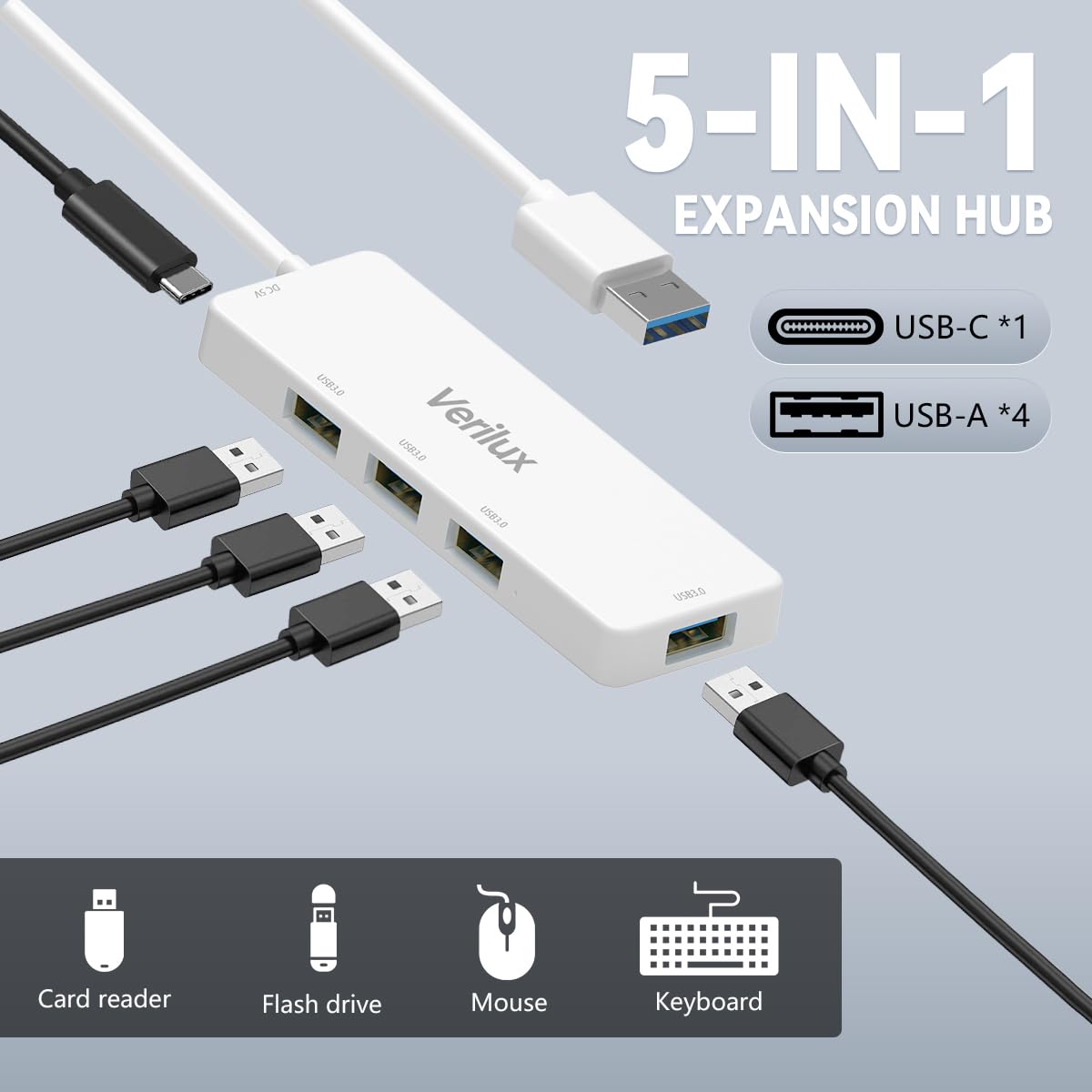Verilux® USB Hub 3.0 for PC USB Extender with 4 High Speed 3.0 USB Hub for Laptop Multiport USB Port for Mac Pro Mini, iMac, Flash Drive & Pendrive, Type-C Self-Power Port with 60cm Cable