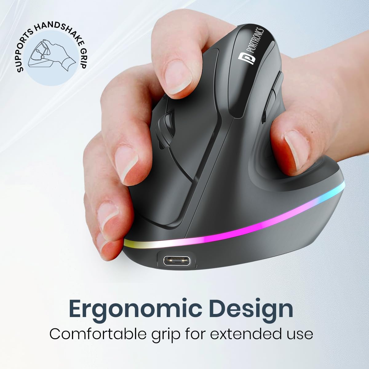 Portronics Toad Ergo 3 Ergonomic Wireless Mouse with RGB, 2400 DPI, Dual Mode BT & 2.4GHz Connectivity, Rechargeable Battery, 6 Buttons, Adjustable DPI, Silent Clicks (Black)