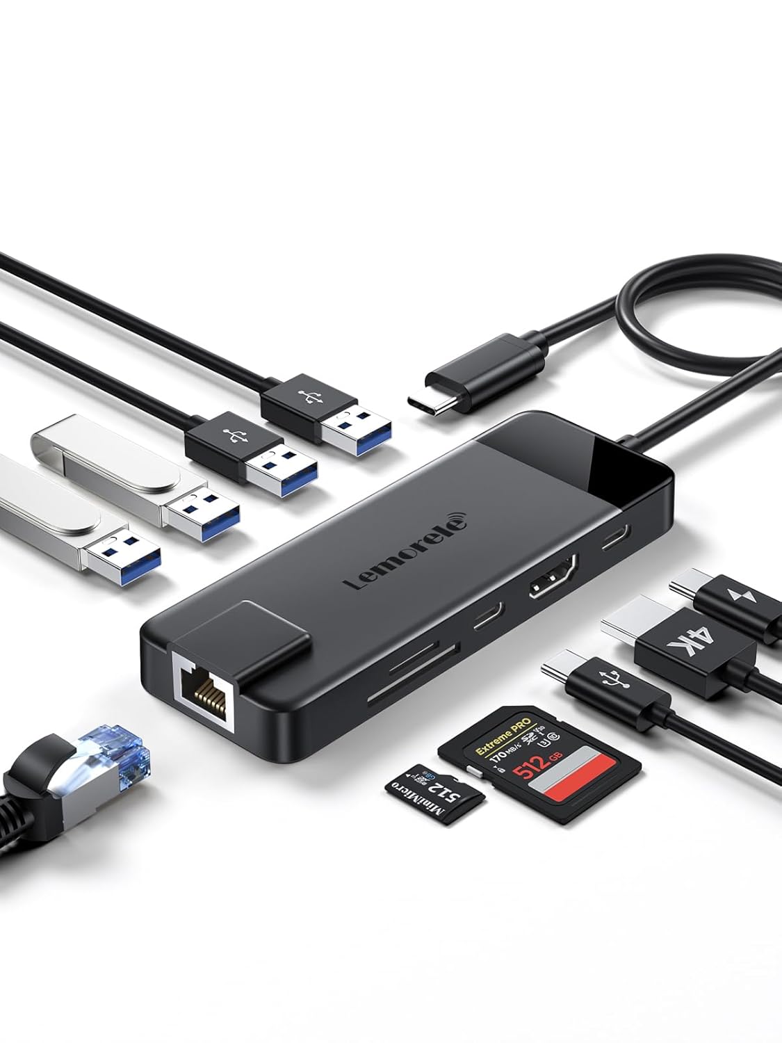 Lemorele USB C Hub 10-in-1, USB C Hub Multiport Adapter for MacBook Pro, Gigabit Ethernet with 4K HDMI, 100W PD, 4 USB 3.0/2.0, SD/TF, USB-C Data 3.0, Compatible for Windows/Mac/iPad
