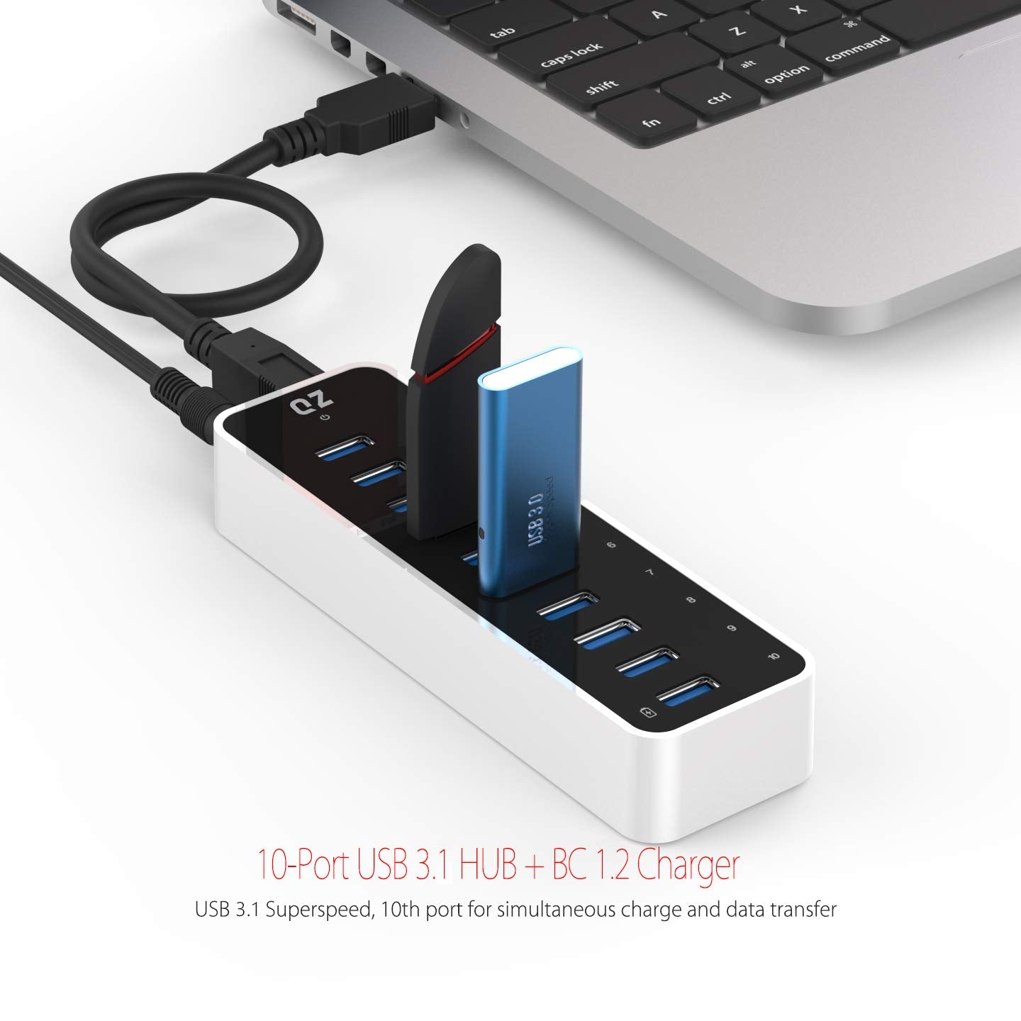 [10 Ports, 12V 5A 60W Power, Industrial Grade] QZ Active Powered USB Hub, 10 Port USB Hub with 12V 5A 60W Power Adapter, USB 3.1 Gen 1