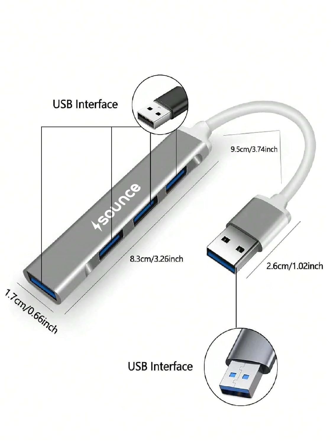 Sounce 4-Port USB 3.0 Hub for PC – High-Speed Aluminum USB Hub Compatible with PC, MacBook, Mac Pro, Mac mini, iMac, Surface Pro, and XPS. 4-Port High Speed USB Hub with Aluminium Shell