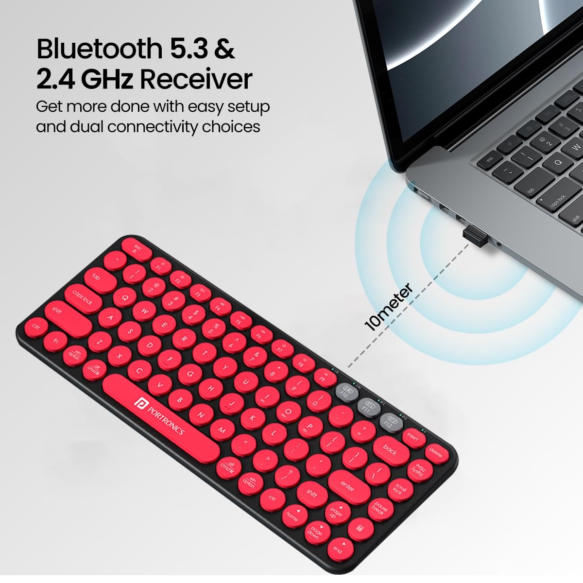Portronics Bubble 2.0 Wireless Keyboard with Bluetooth + 2.4 GHz Receiver, Connect 3 Devices, Compact TKL Size, 10m Working Range, Function Shortcut Keys, for Laptop, PC, Smartphone, Tablet (Black)