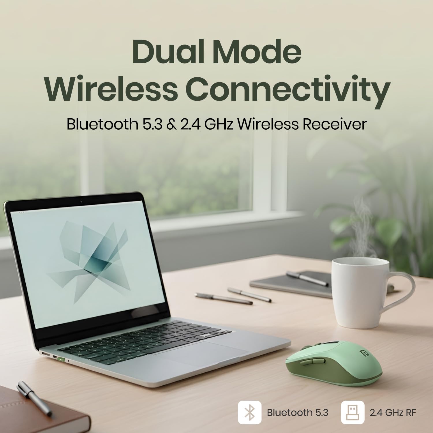 Portronics Toad 9 Wireless Bluetooth Mouse with Dual Wireless (BT + 2.4 GHz), Smart LED Display, Rechargeable Battery, Forward & Back Button, Multi-Device Pair, Upto 4800 Dpi Sensitivity(Green)