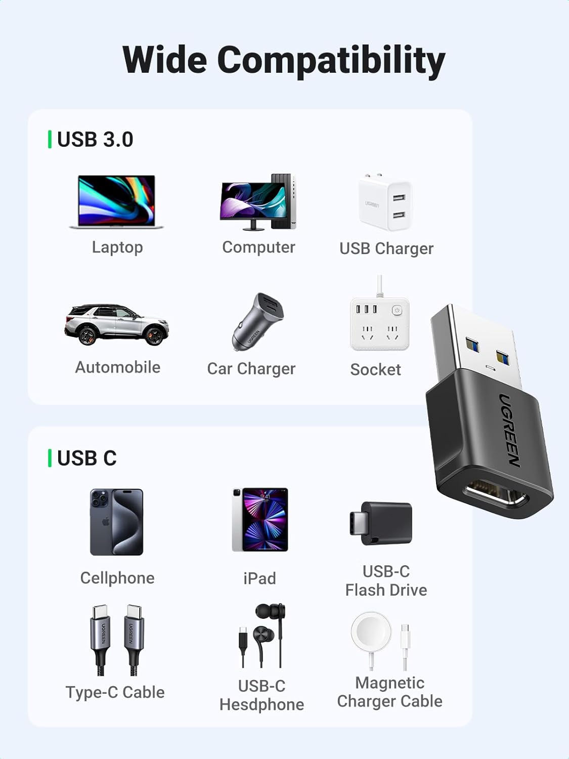 UGREEN 10Gbps USB to USB C Adapter 3 Pack, Type C Female to A Male Adaptor Fast Charge and Sync Converter Compatible with iPhone 17/16/15, Galaxy S25, Pixel 9, MacBook Air, iPad Pro(Black)
