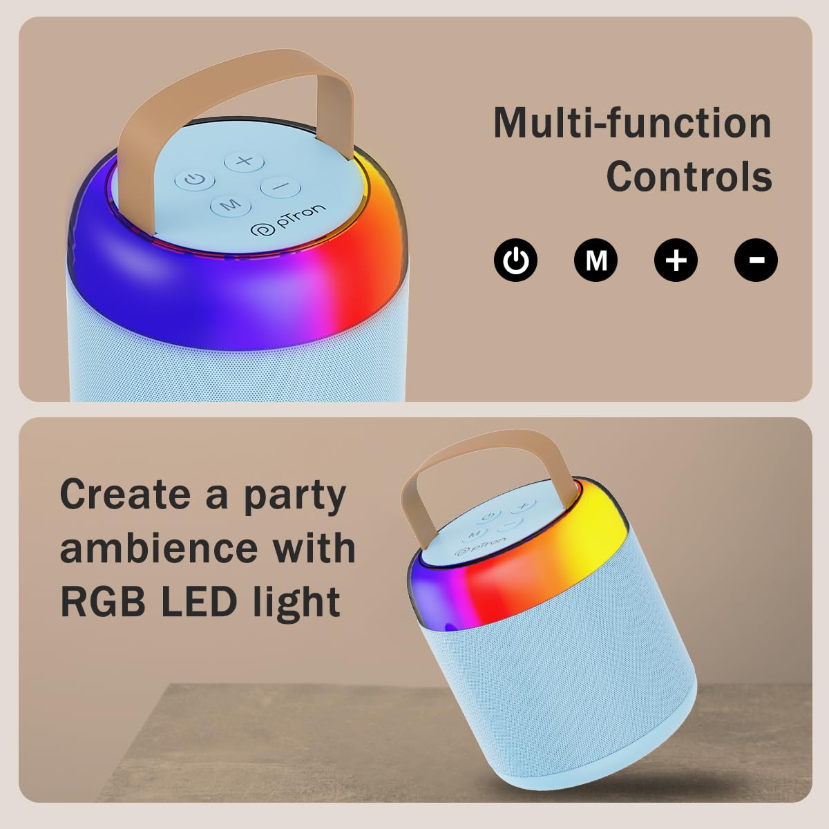 pTron Newly Launched Fusion Bliss 16W Bluetooth Speaker with Wireless Karaoke Mic, 6Hrs Playtime, Vibrant RGB Lights, Voice Effects, Multi-Play Modes BT5.3/TF Card & Type-C Charging Port (Blue)