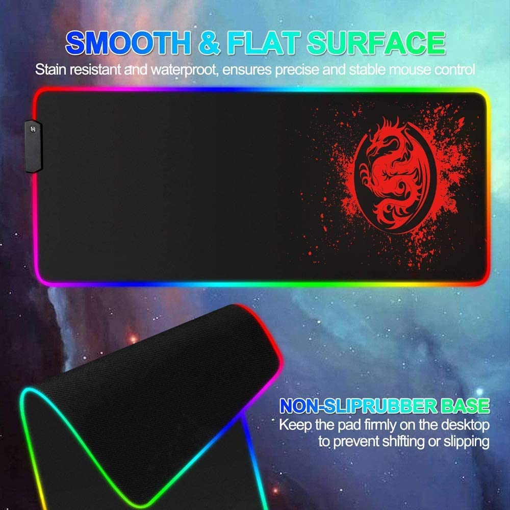 SPEED RGB Gaming Mouse Pad, Soft Glowing 14 LED Modes, Gaming Desk Keyboard Pad, Mouse Mat, Non-Slip Rubber Base - 78x30 cm - Red Dragon