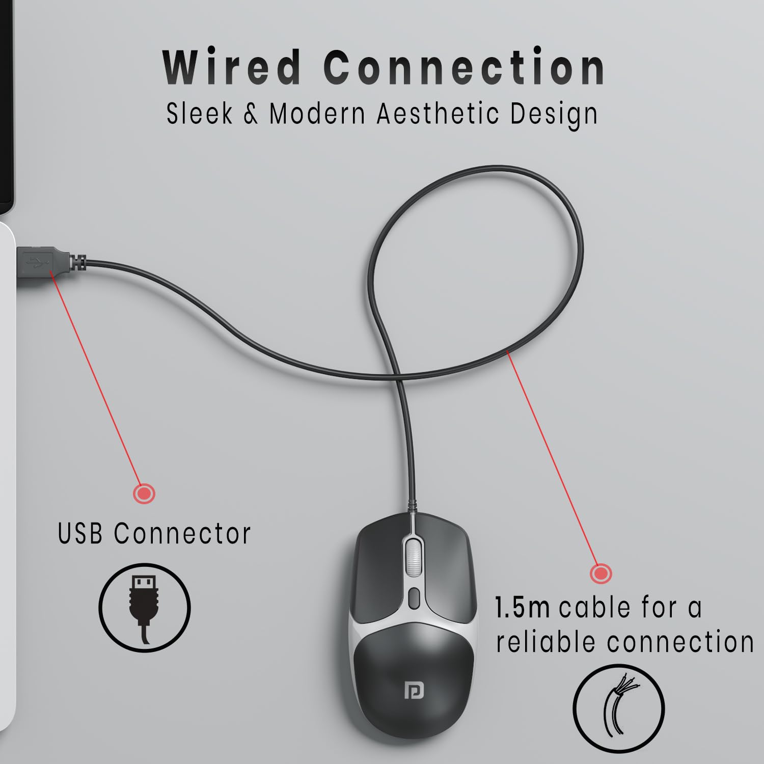 Portronics Toad 103 Wired Optical Mouse with 2400 DPI, Plug & Play, Ambidextrous, Hi-Optical Tracking, 1.5M Cable Length, 30 Lakhs Click Life, Ergonomic Mouse for Comfortable All-Day Grip (Black)