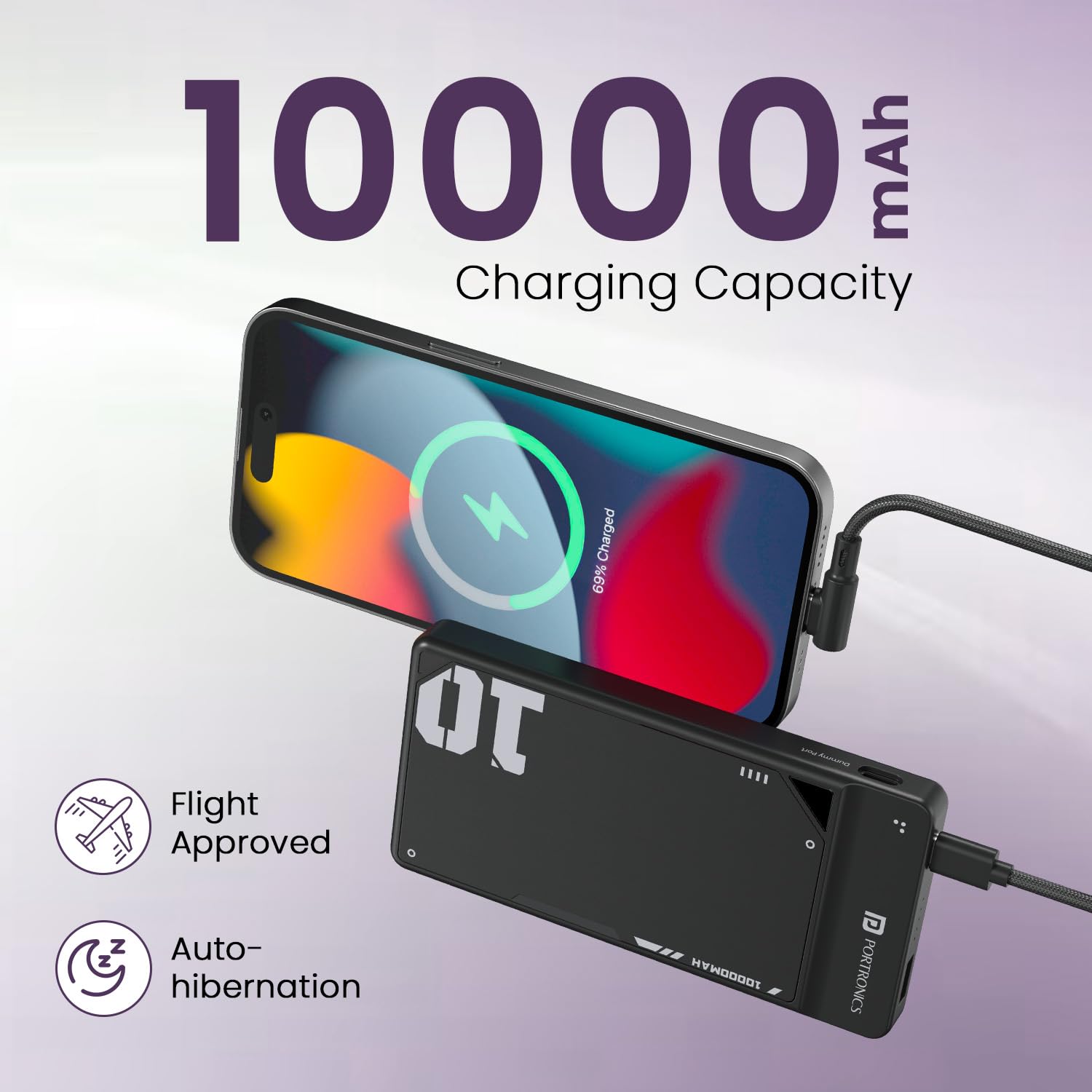 Portronics Luxcell Uno 10K 10000 mAh 22.5W Fast Charging Power Bank with Detachable Type C Cable, Ultra Slim Power Bank with Mach USB-A Output, Type C PD Output, Type C Input, Wake Up Button(Black)