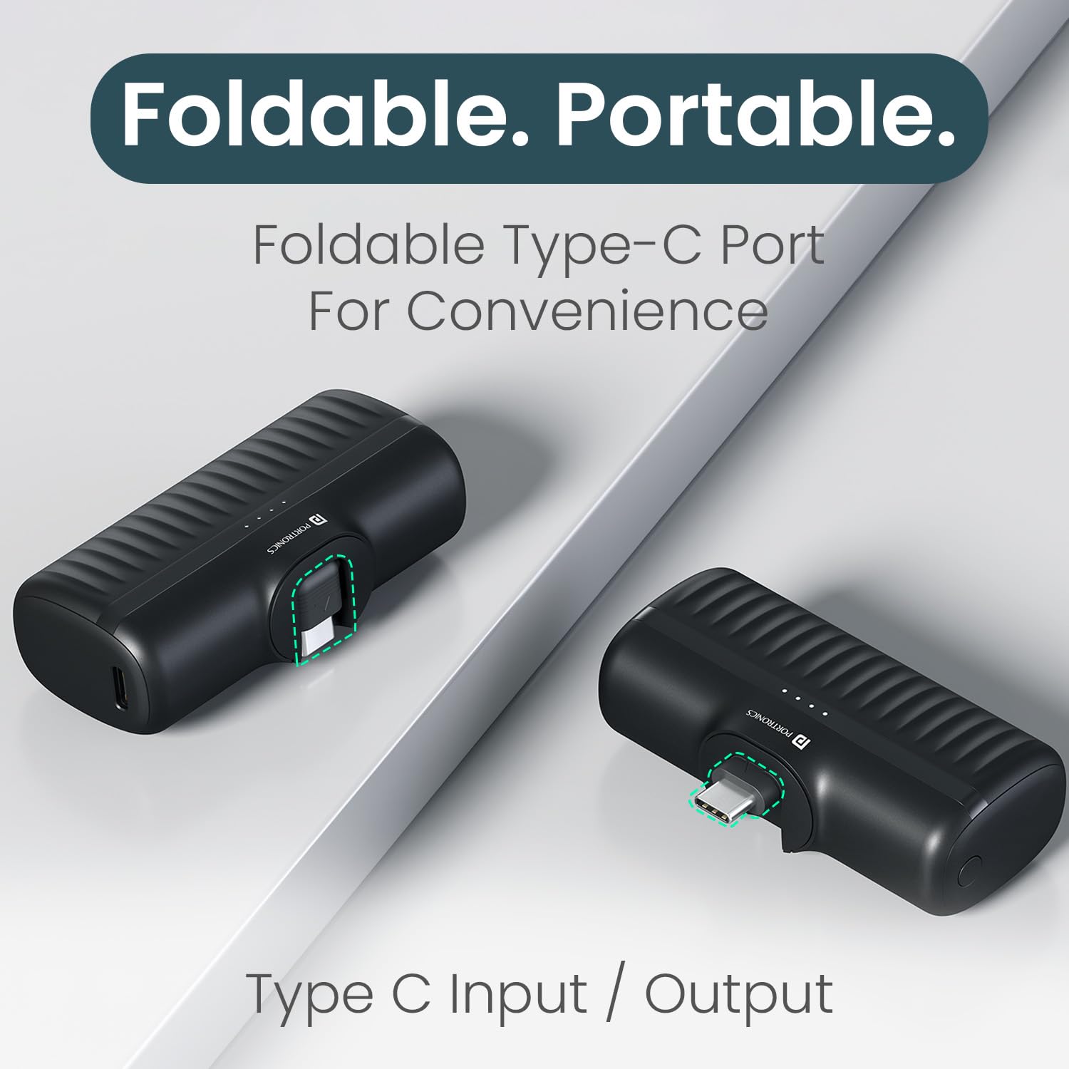 Portronics Power Pebble 5000mAh 20W Fast Charging Nano Powerbank, in-Built Foldable Type C Input/Output Pin, Type C PD Output, LED Battery Indicator, Compatible with Type C Smartphone,iPhone(Black)