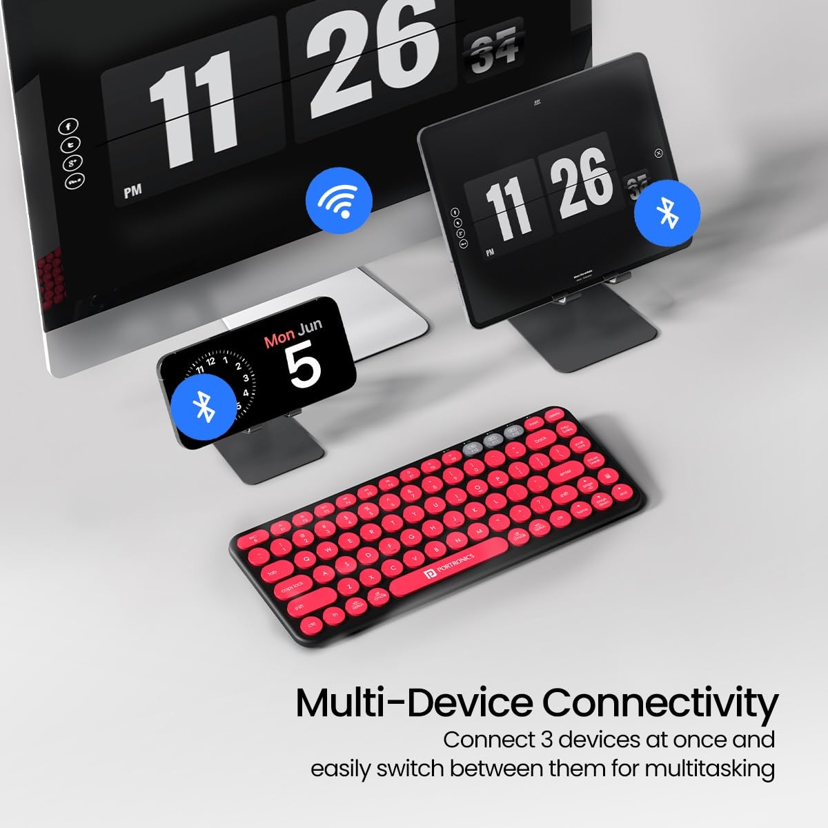 Portronics Bubble 2.0 Wireless Keyboard with Bluetooth + 2.4 GHz Receiver, Connect 3 Devices, Compact TKL Size, 10m Working Range, Function Shortcut Keys, for Laptop, PC, Smartphone, Tablet (Black)