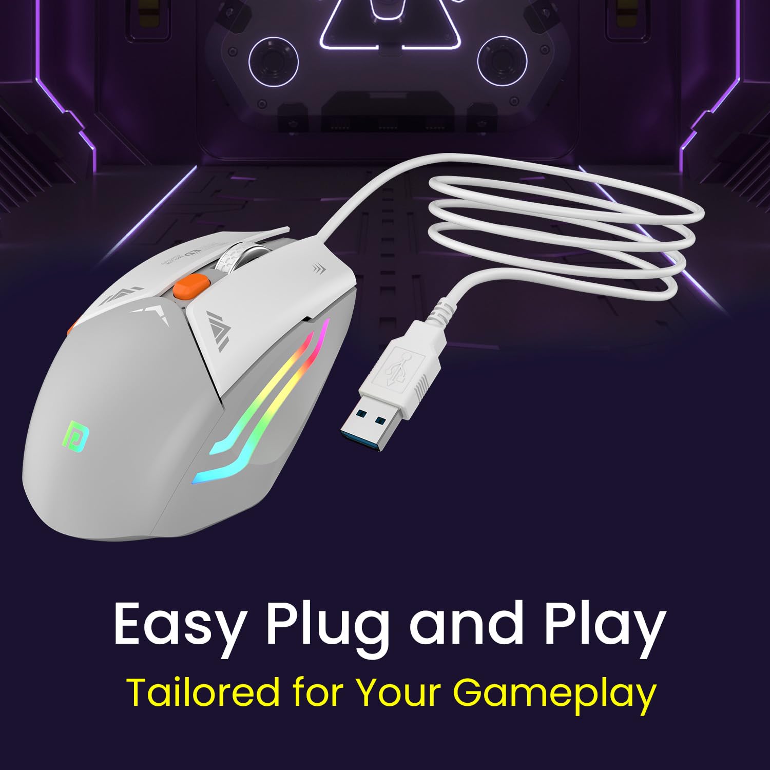 Portronics Vader Wired Gaming Mouse with 6 Buttons, Thumb Support, Adjustable DPI (6400 Max), RGB Light Effects, Ergonomic Design, 1.5 m Long USB Cable for Laptop & PC (Grey)