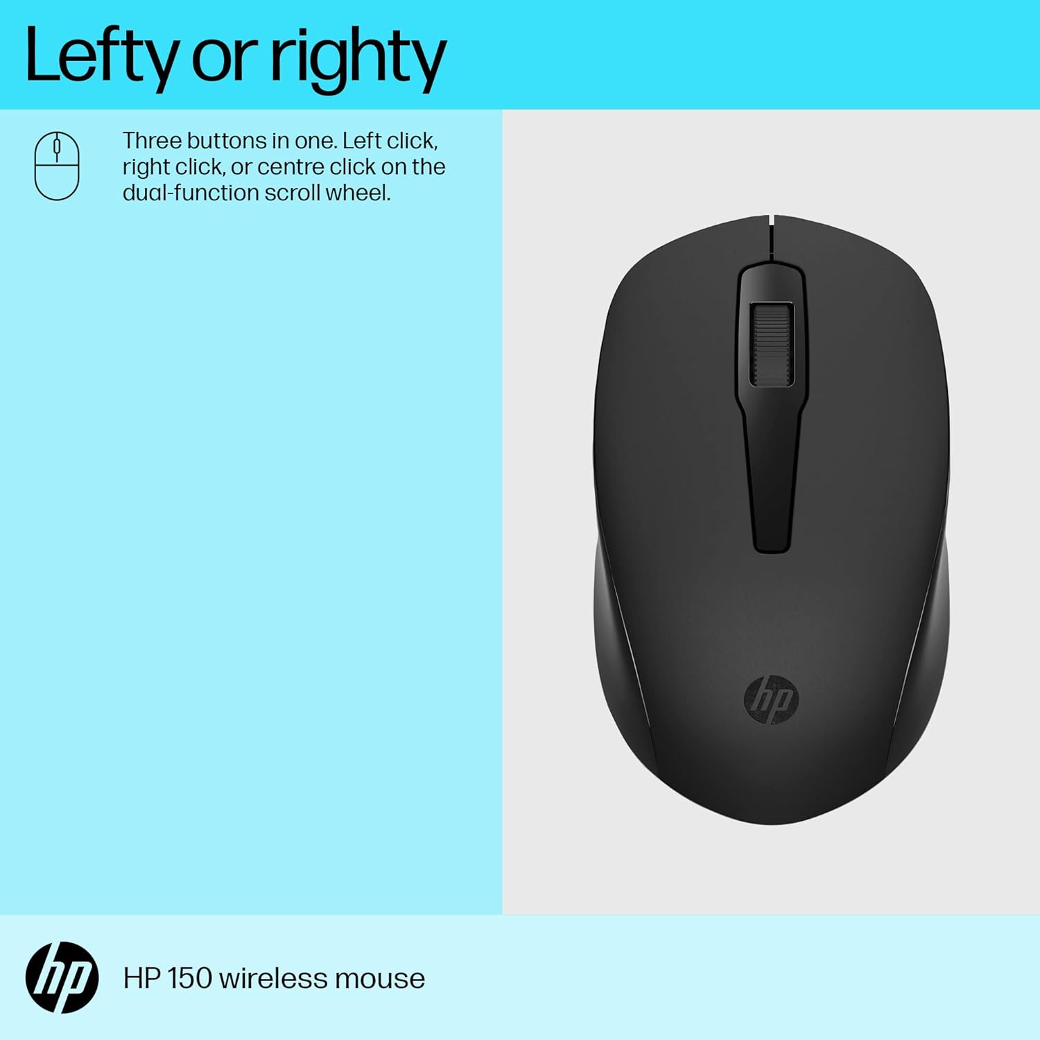 HP 150 Wireless USB Mouse with Ergonomic and ambidextrous Design, 1600 DPI Optical Tracking, 2.4 GHz Wireless connectivity, Dual-Function Scroll Wheel and 12 Month Long Battery Life