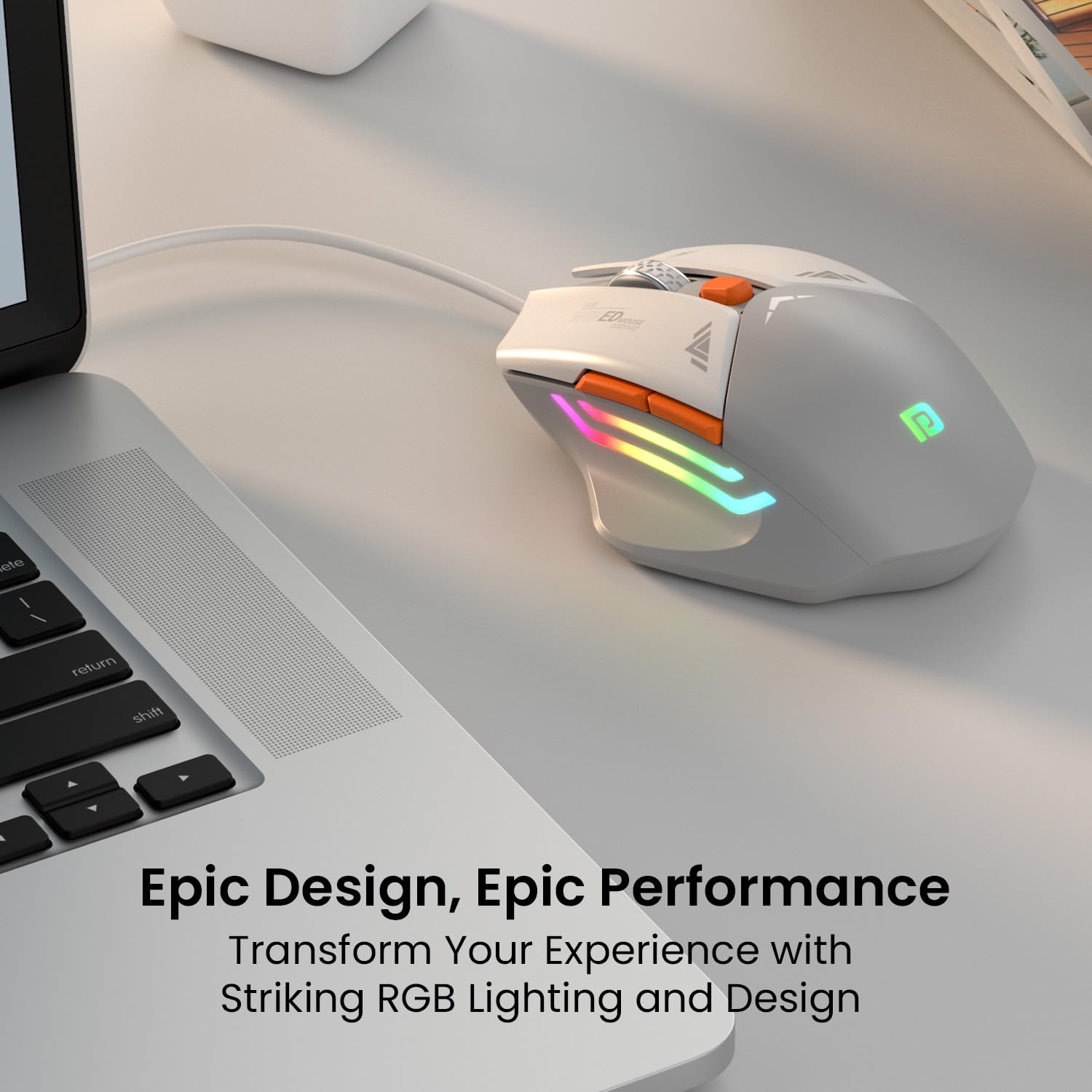 Portronics Vader Wired Gaming Mouse with 6 Buttons, Thumb Support, Adjustable DPI (6400 Max), RGB Light Effects, Ergonomic Design, 1.5 m Long USB Cable for Laptop & PC (Grey)