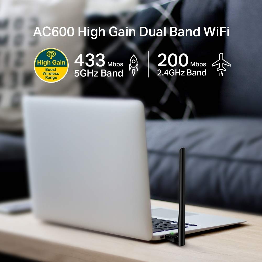 TP-Link 600 Mbps Wifi Wireless Network USB Adapter For Desktop Pc with 2.4Ghz/5Ghz High Gain Dual Band 5Dbi Antenna Wi-Fi,Supports Windows 11/10/8.1/8/7/Xp,Mac Os 10.15 & Earlier(Archer T2U Plus)Black