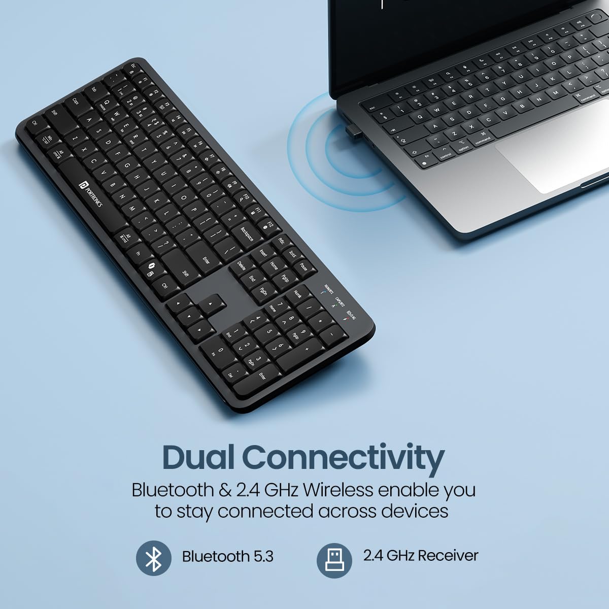 Portronics Akshr Prime Wireless Keyboard with Bluetooth + 2.4 GHz USB Receiver, Rechargeable Battery, Height Adjustment, Multimedia Hotkeys with Numpad, for Laptop, PC, Smartphone, Tablet(Black)
