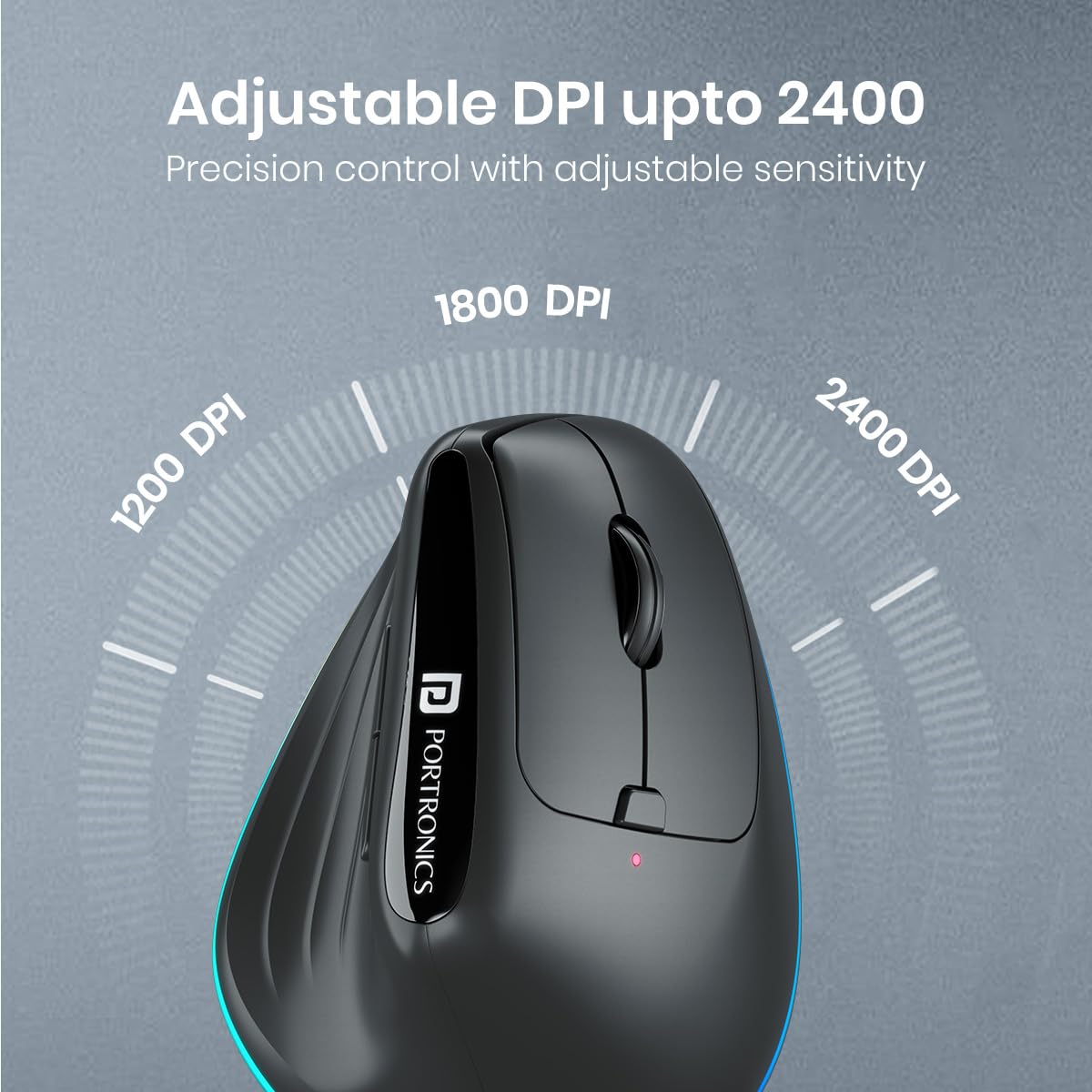 Portronics Toad Ergo 3 Ergonomic Wireless Mouse with RGB, 2400 DPI, Dual Mode BT & 2.4GHz Connectivity, Rechargeable Battery, 6 Buttons, Adjustable DPI, Silent Clicks (Black)