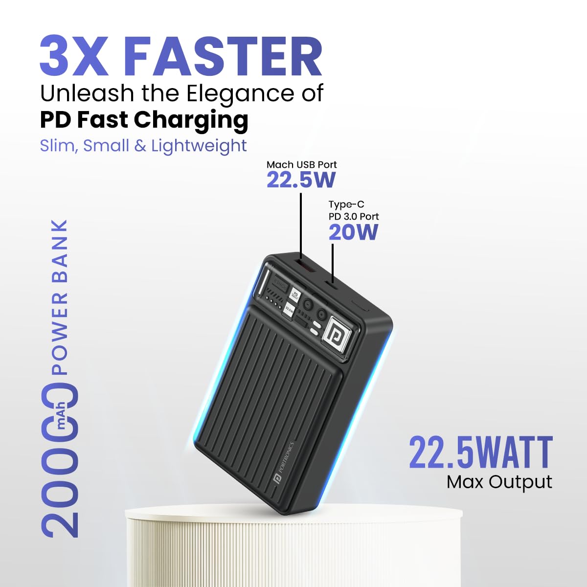 Portronics Luxcell Mini 20K Advanced 20000 mAh Nano Power Bank with 22.5W Max Output, LED Indicator, Mach USB-A Output, Type C PD Output, Type C Input, Wake Up Button(Black)