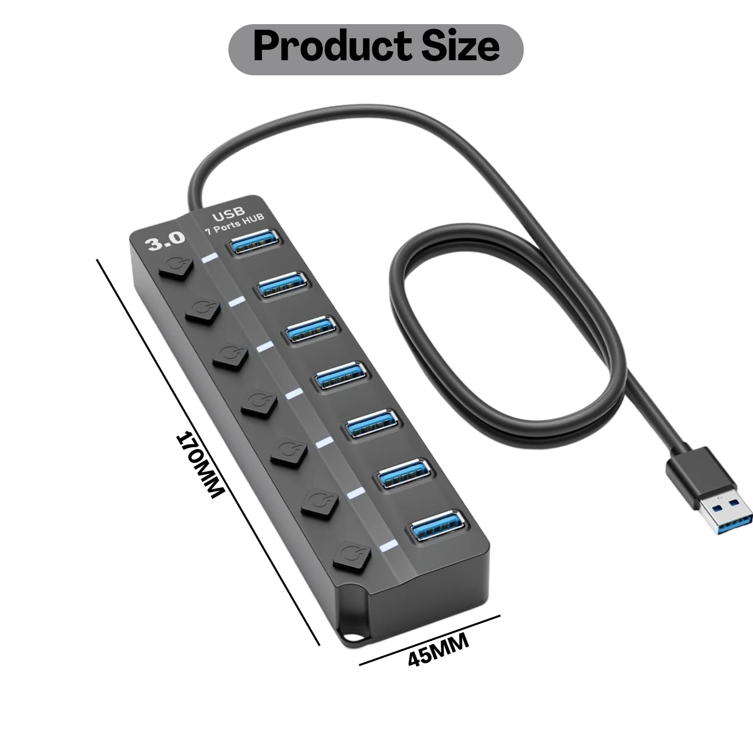 USB 3.0 Hub 7 Port Powered Extender with Individual Switches & LED Indicators | High Speed Multiport USB Hub for Laptop, Desktop, Mac, PC, USB Devices – 1.2m Cable