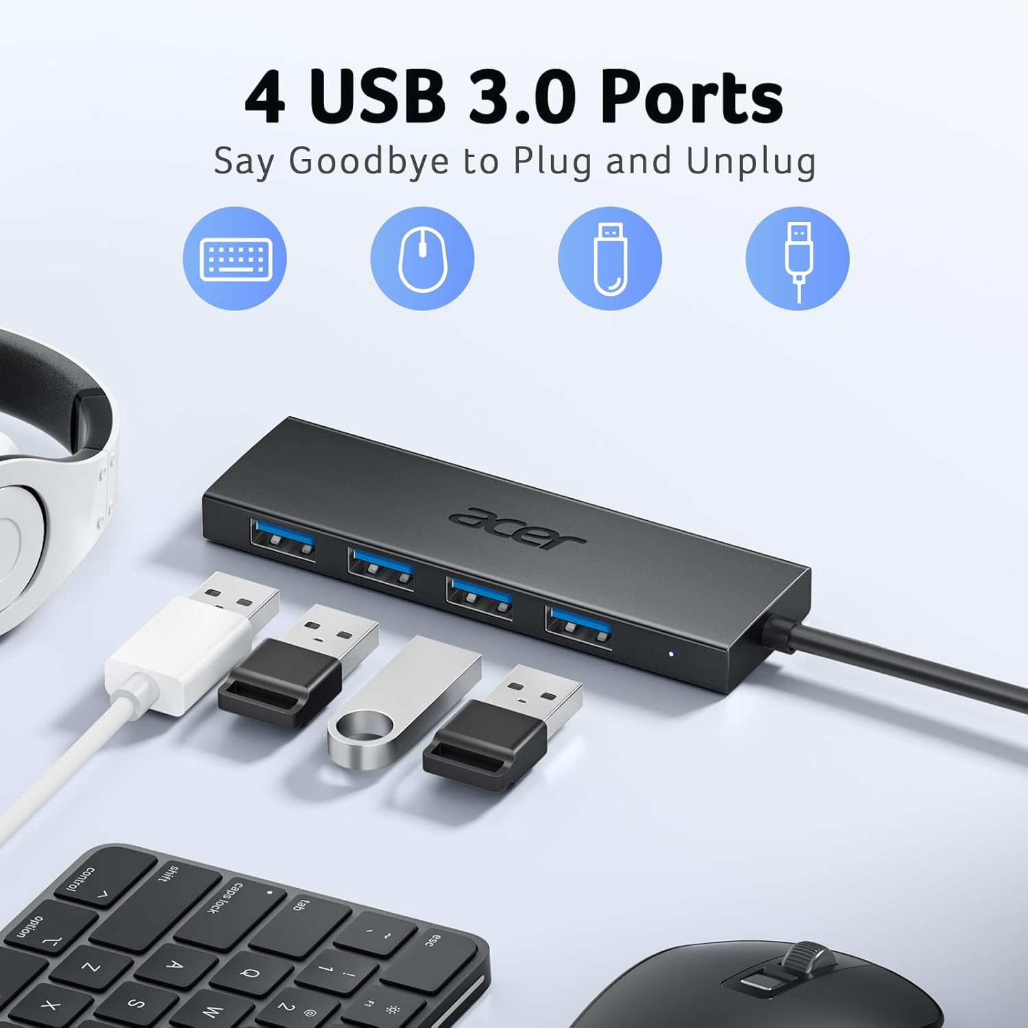 Acer USB Hub for Laptops 4-in-1, Multi USB 3.0 Port Hub Extension Adapter, Type A Splitter Extender for Keyboard, Mouse, Compatible with acer PC, XPS, Surface, ThinkPad - 2FT/60cm