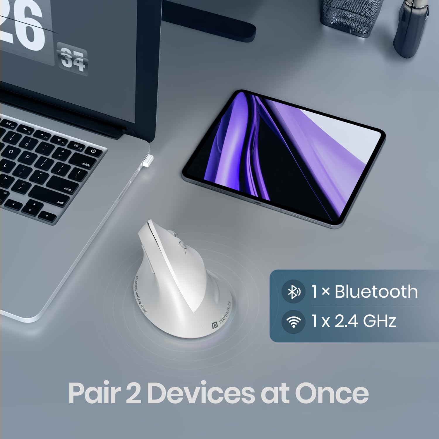 Portronics Toad Ergo 4 Vertical Wireless Bluetooth Mouse, Dual Mode(2.4GHz+BT), Upto 4000 DPi, 6 Button Control, Rechargeable Battery, Noise-Free Clicking, Multi-Device Pair, Ergonomic Design (White)